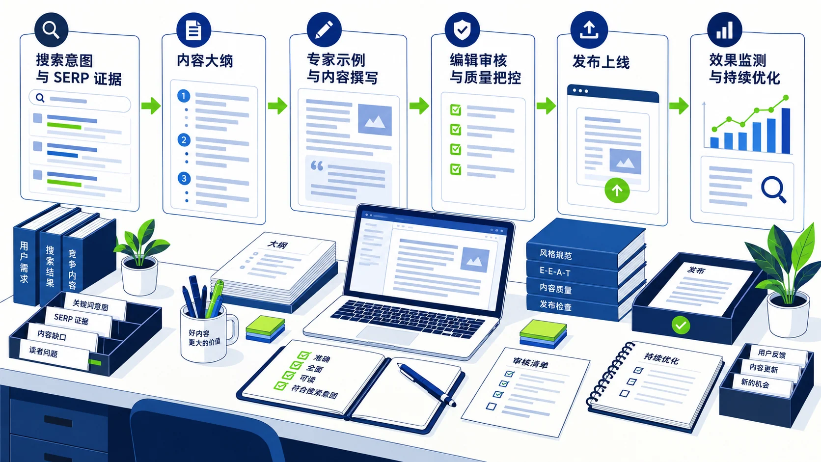 SEO内容生产流程怎么搭？从选题到发布复查的一条工作线主题示意图
