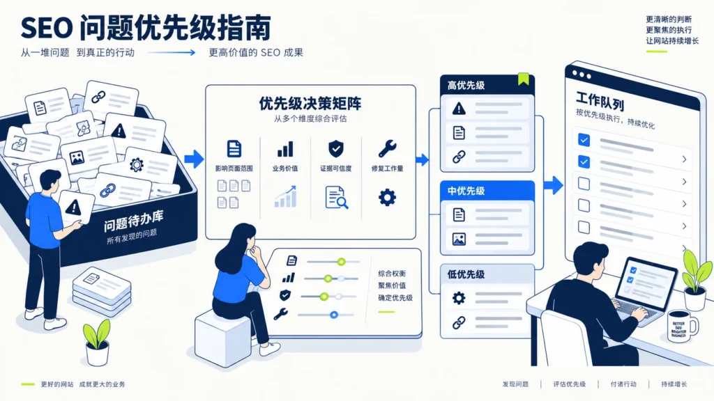 SEO问题怎么排优先级？把审计结果变成可执行的修复队列主题示意图