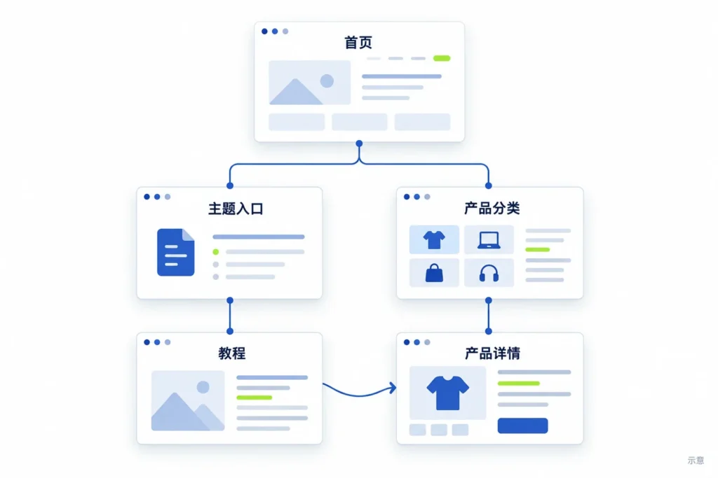 首页、主题入口、教程与产品页面通过链接相连的结构示意