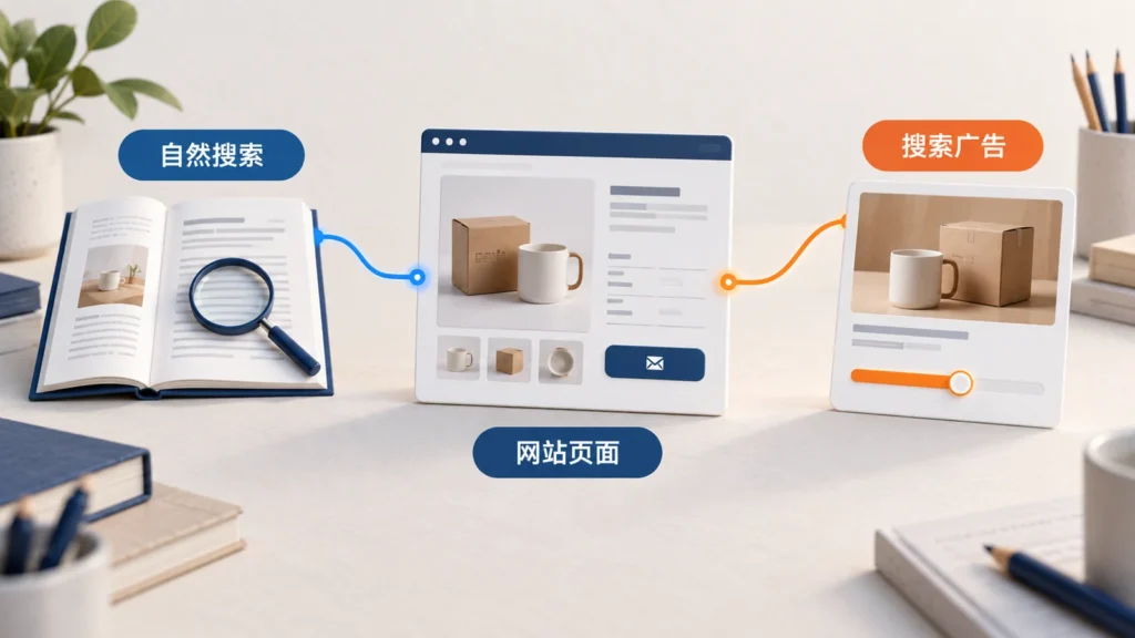 自然搜索与搜索广告通向同一产品页的示意