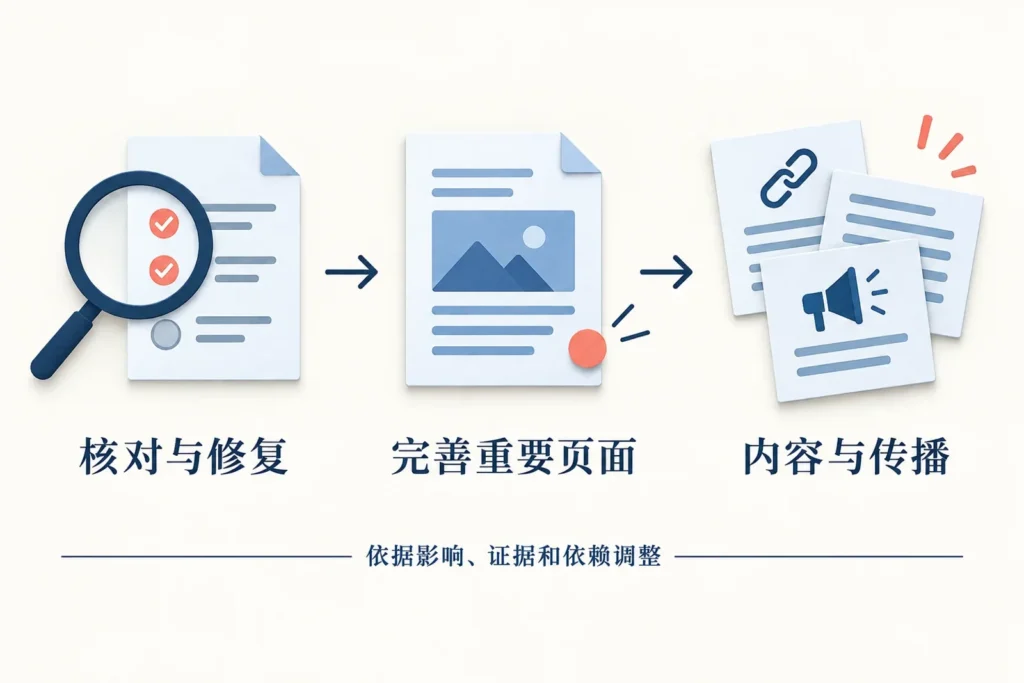 SEO按核对修复、完善重要页面、内容传播推进并按证据调整的示意图