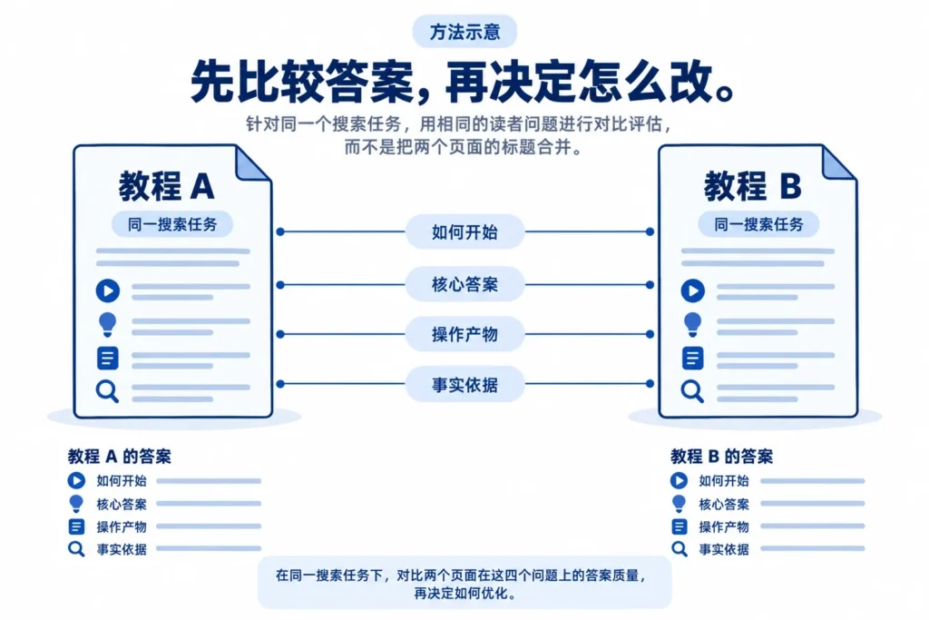 两份同任务教程按四个相同问题比较答案的方法示意