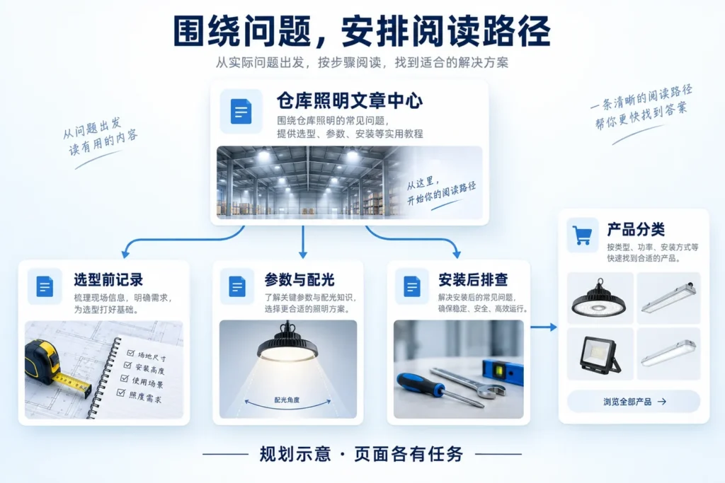 仓库照明文章中心、三类教程与产品分类组成的阅读路径示意