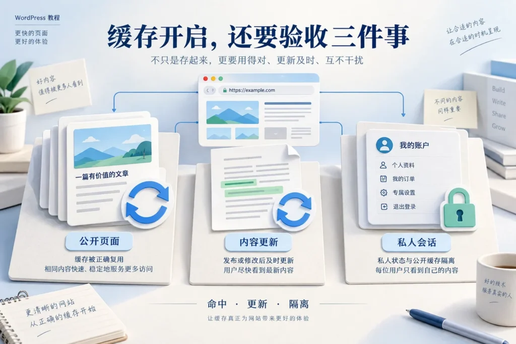 WordPress缓存验收示意:公开页面命中、内容更新和私人会话隔离
