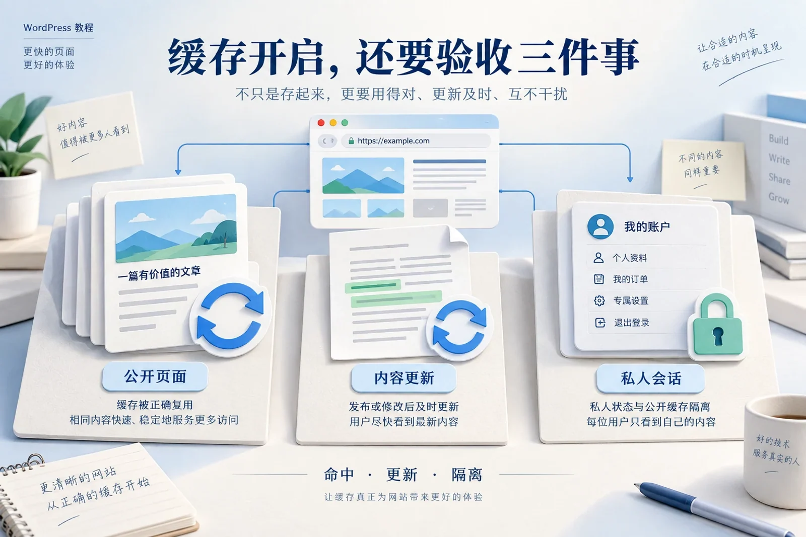 WordPress缓存验收示意：公开页面命中、内容更新和私人会话隔离