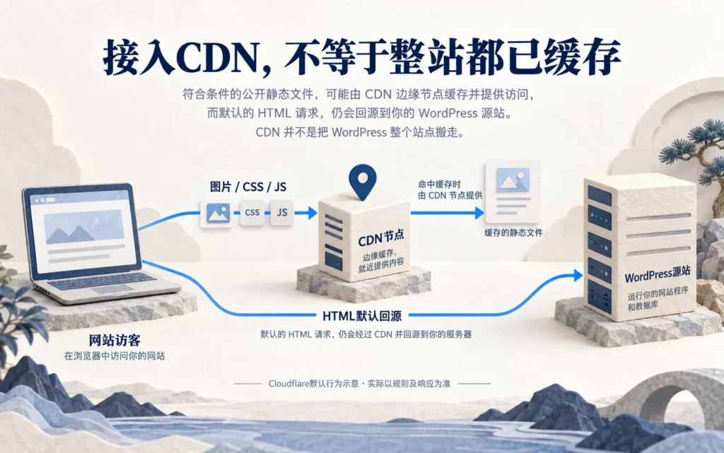 WordPress静态资源由CDN缓存与默认HTML回源的关系示意