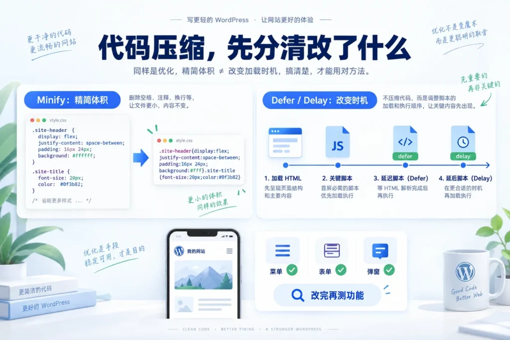 CSS和JS优化示意:Minify精简体积,Defer与Delay改变时机,修改后验证功能