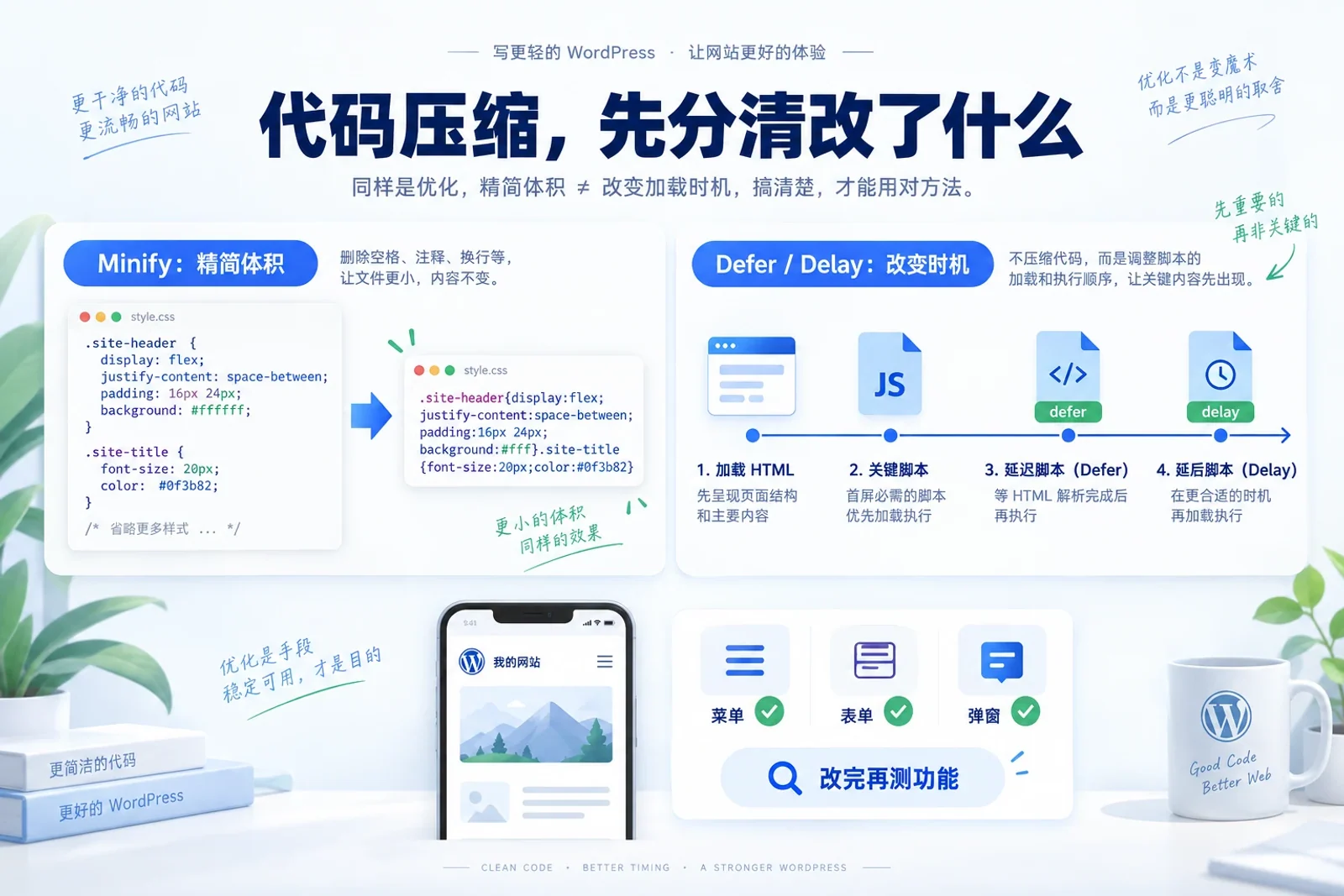 CSS和JS优化示意：Minify精简体积，Defer与Delay改变时机，修改后验证功能