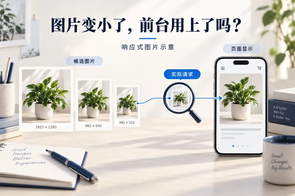 响应式图片示意:候选尺寸经过浏览器实际选择后在手机页面显示