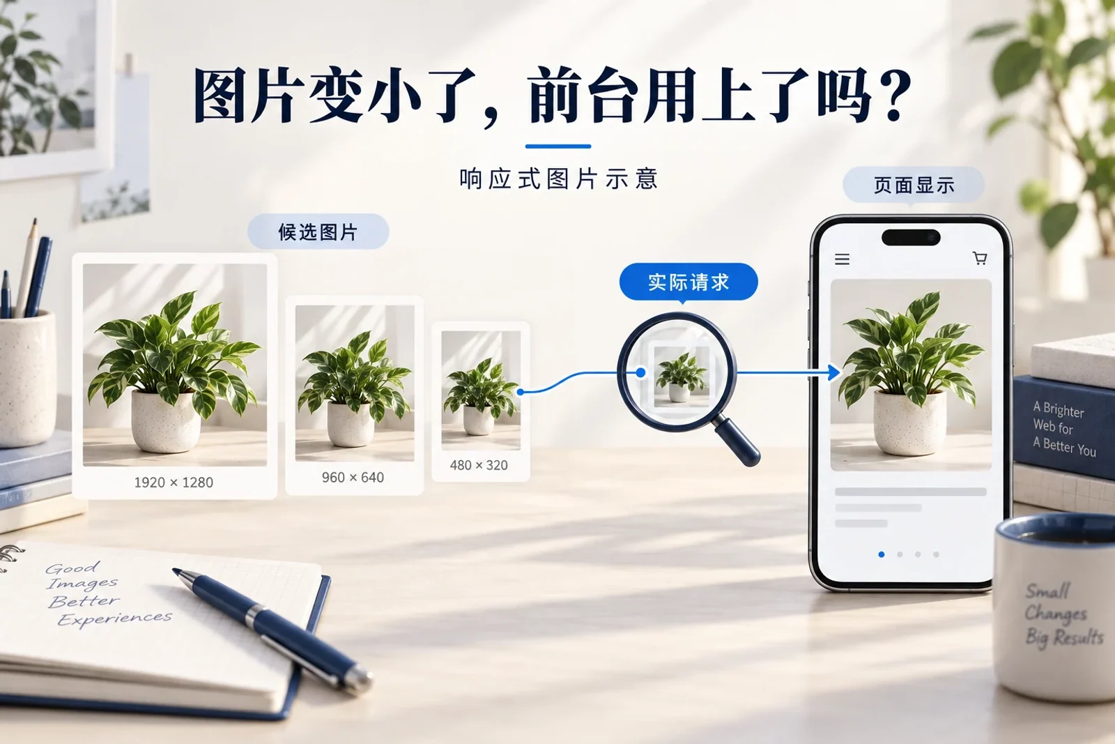 响应式图片示意：候选尺寸经过浏览器实际选择后在手机页面显示