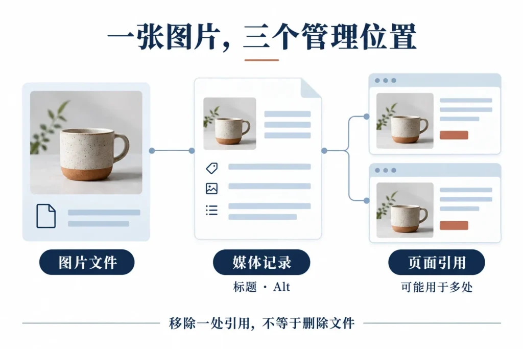 同一图片文件关联媒体记录并被多个页面引用的示意