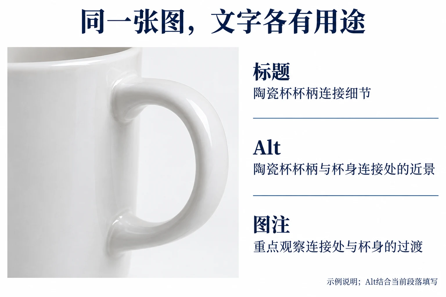 同一张杯柄细节图的媒体标题、Alt与图注用途对照