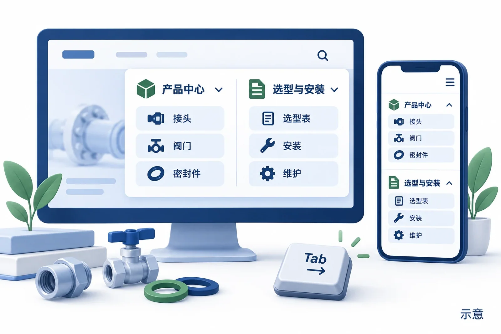 桌面与手机菜单按产品和选型安装分组，旁边显示Tab键