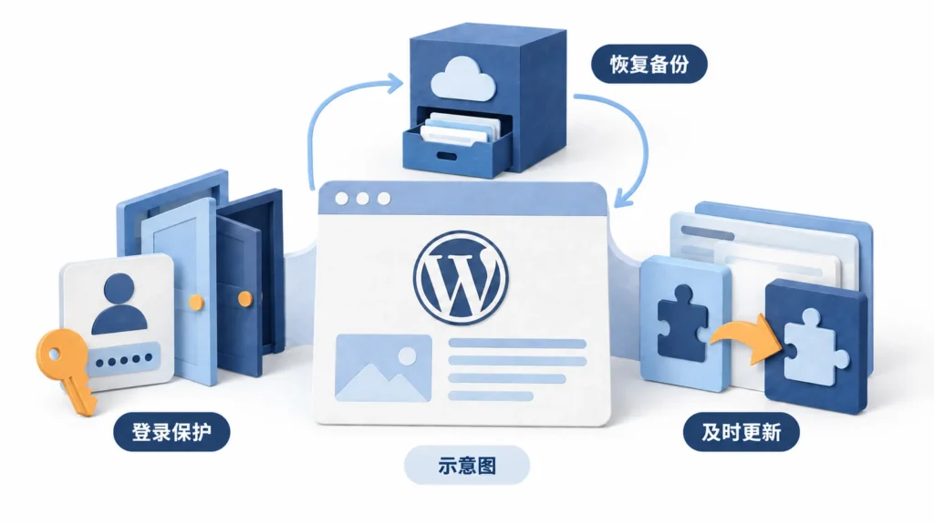 登录保护、软件更新与备份恢复分别保护WordPress网站示意