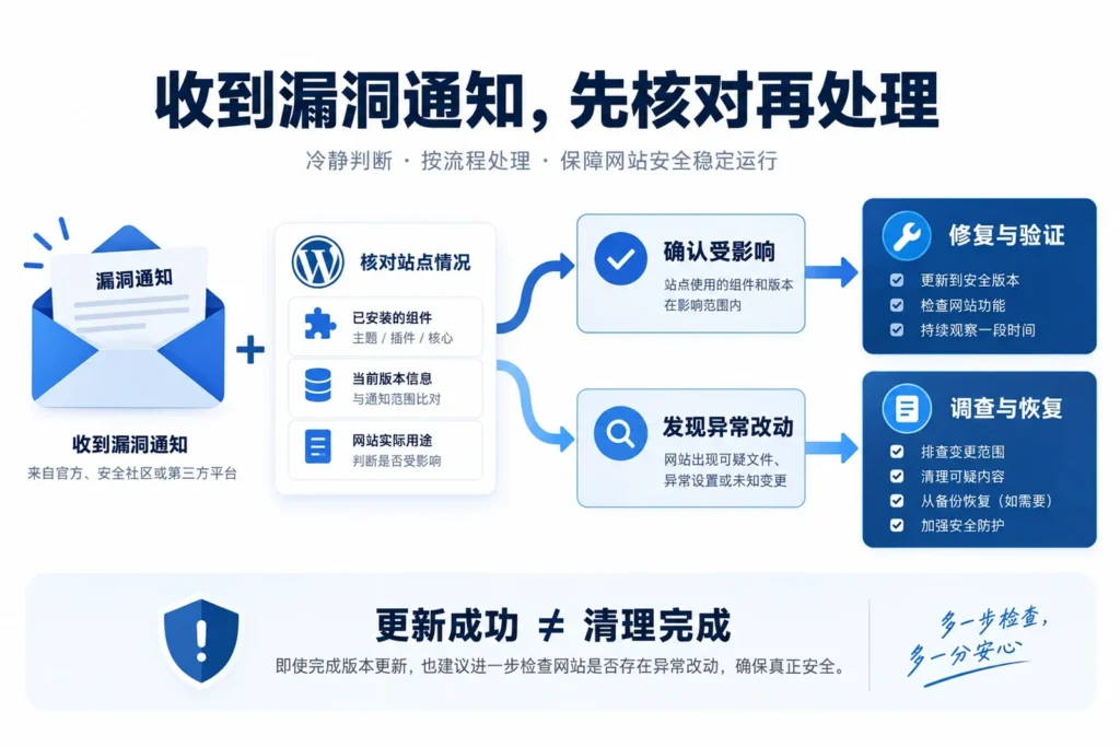 WordPress漏洞通知核对后,分别安排修复验证与异常调查恢复