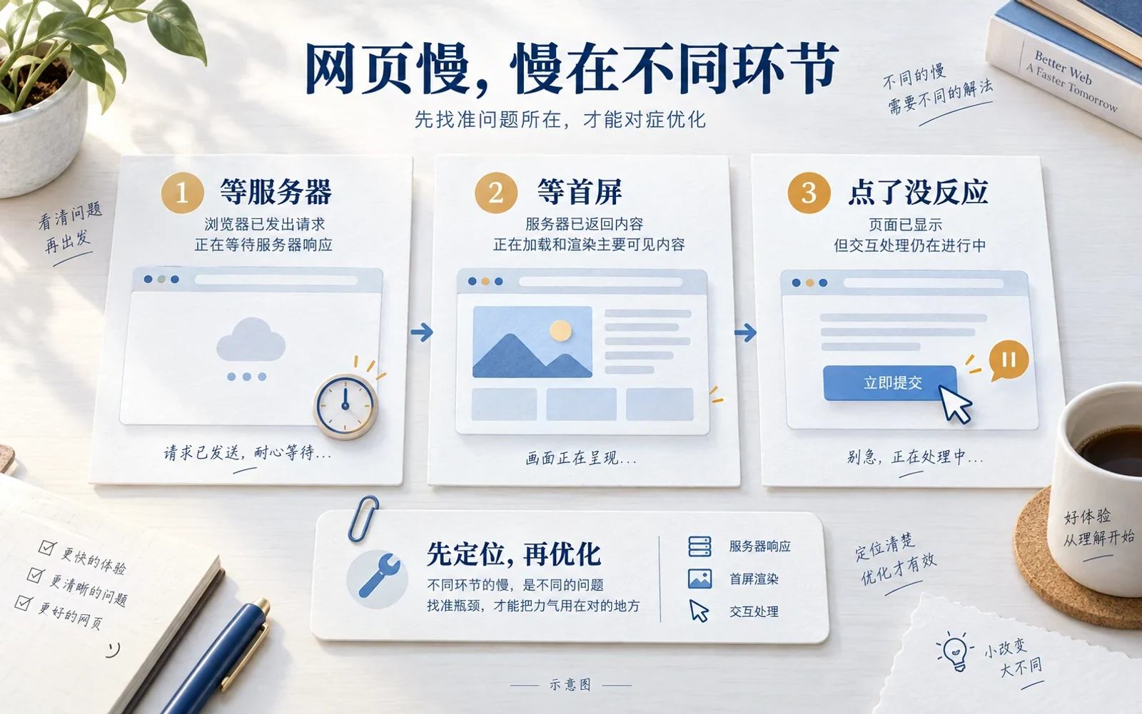 服务器响应、首屏显示和按钮交互三类网站速度问题示意