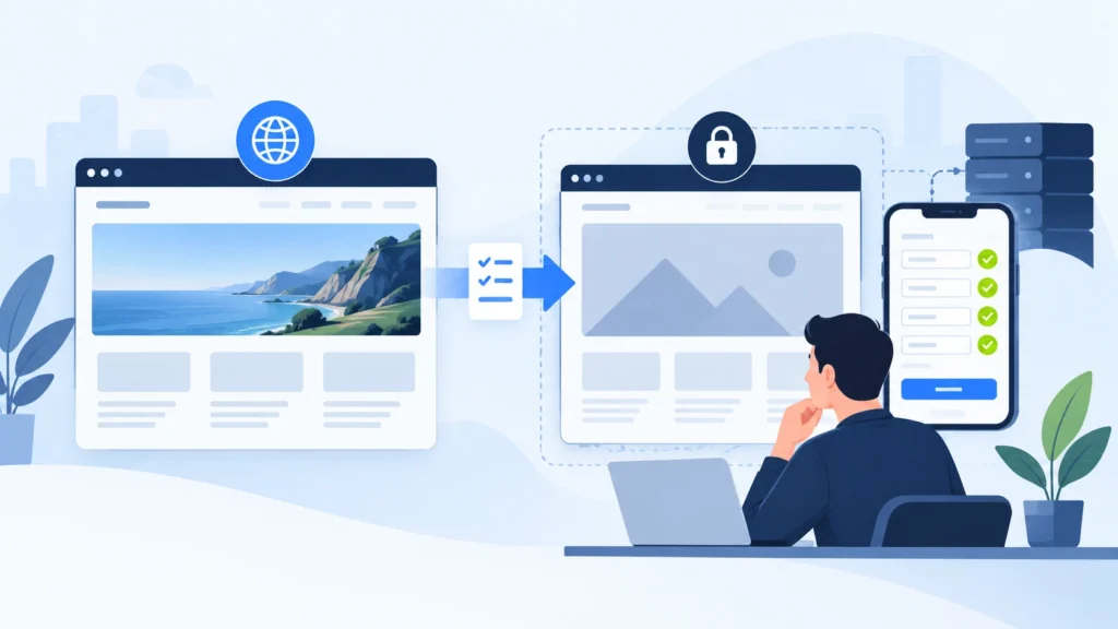 生产站与受访问控制保护的 WordPress 测试副本分开,手机表单路径在上线前核查的示意插画