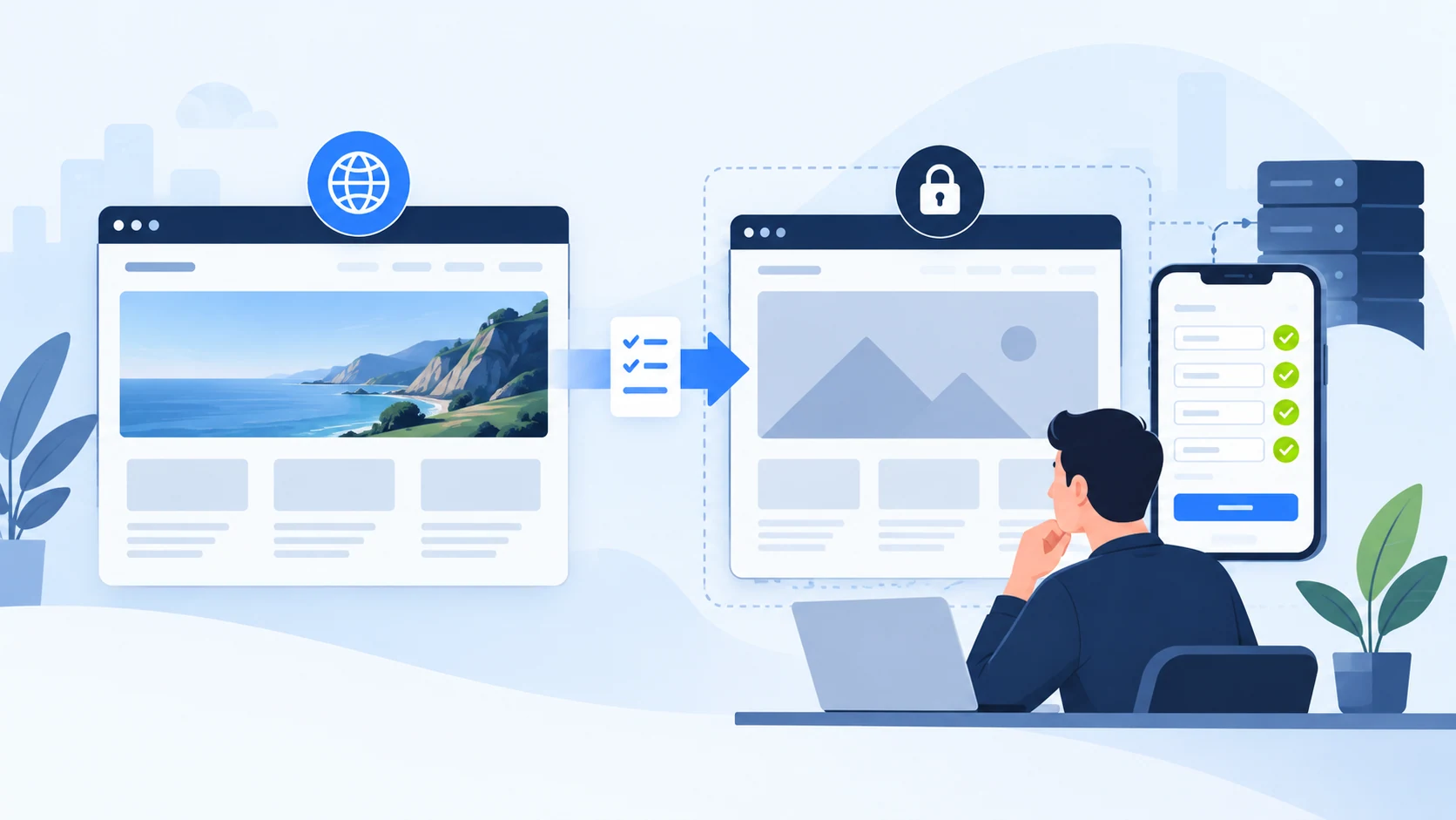 生产站与受访问控制保护的 WordPress 测试副本分开，手机表单路径在上线前核查的示意插画