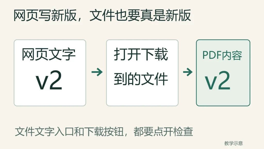 网页文字与实际打开的PDF内容都应为v2,文字入口和下载按钮分别检查