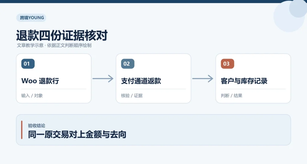 退款四份证据核对教学示意:Woo 退款行、支付通道返款、客户与库存记录;同一原交易对上金额与去向