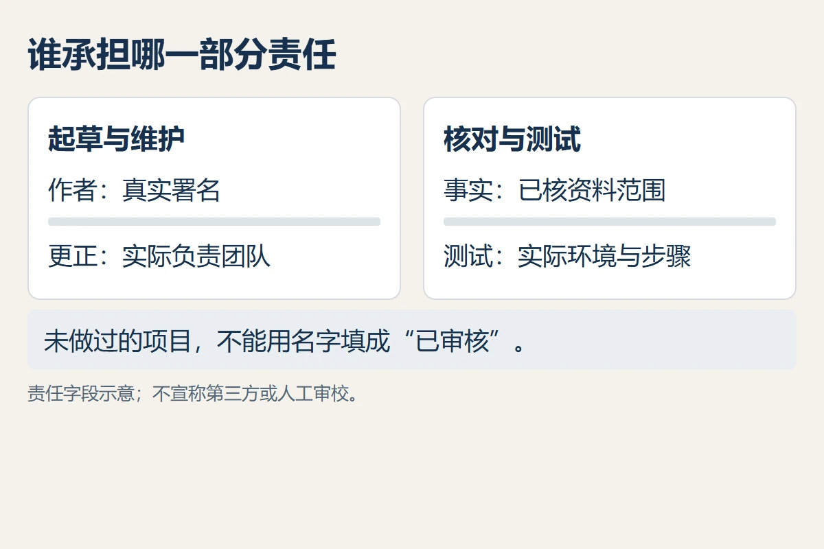 技术文章的起草、事实核对、现场测试和发布维护分别对应真实责任