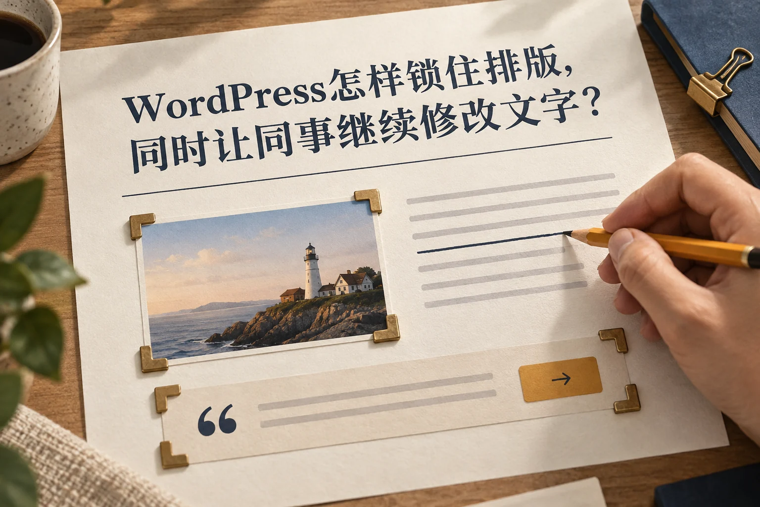 WordPress区块怎么锁定？让同事能改文字，又不容易弄乱排版，原创概念插画