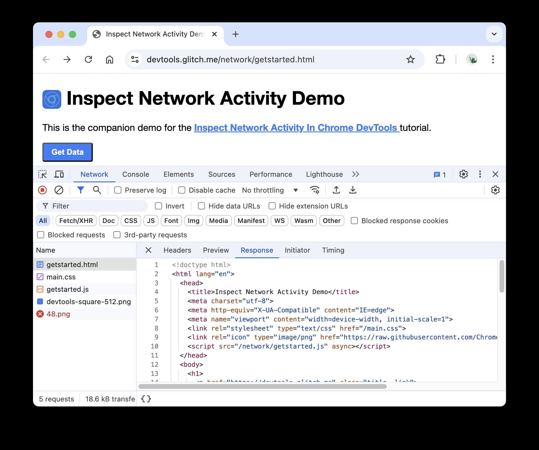 Chrome官方Network请求详情中Response页签的位置