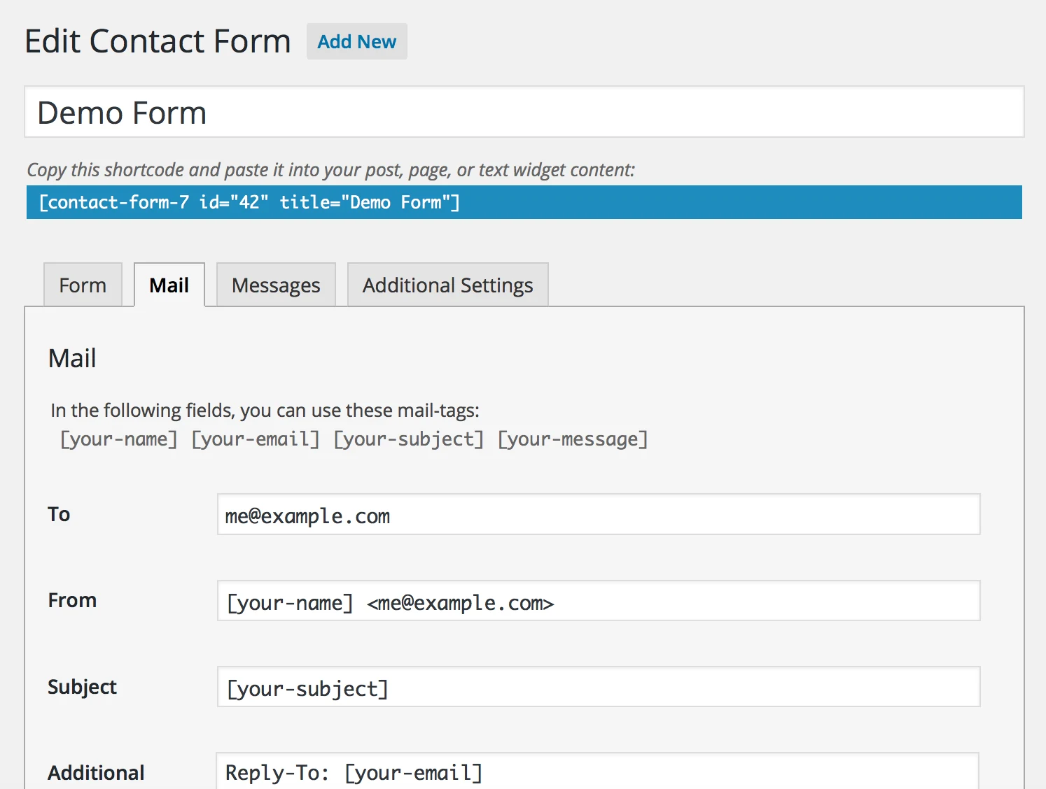 Contact Form 7的Mail标签中To、From和Additional headers设置位置