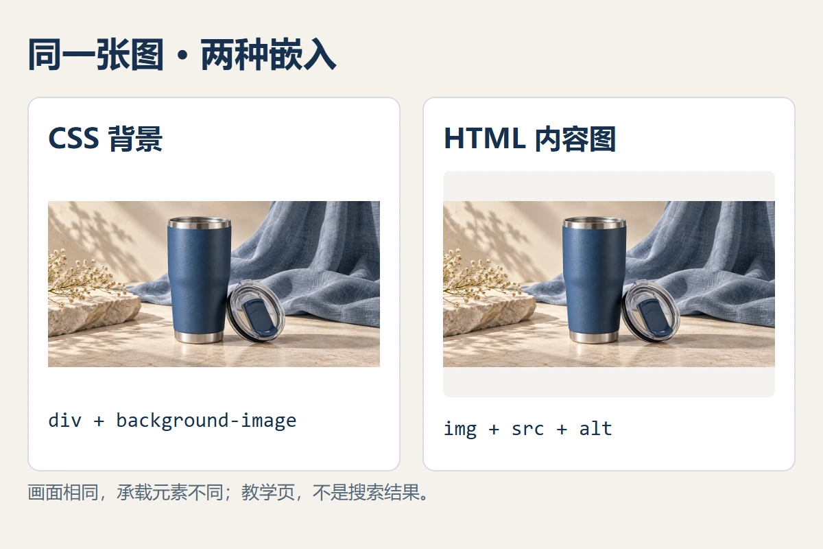 同一张杯子图分别作为CSS背景和HTML图片，画面一致但元素不同