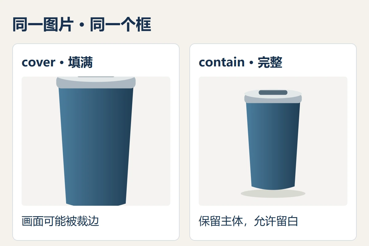 同一产品图在固定框内采用cover和contain，前者裁边后者保留杯子