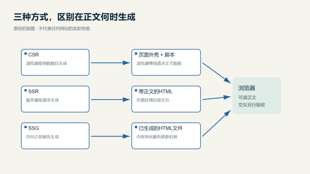 CSR浏览器生成SSR按请求生成与SSG提前生成正文的机制图