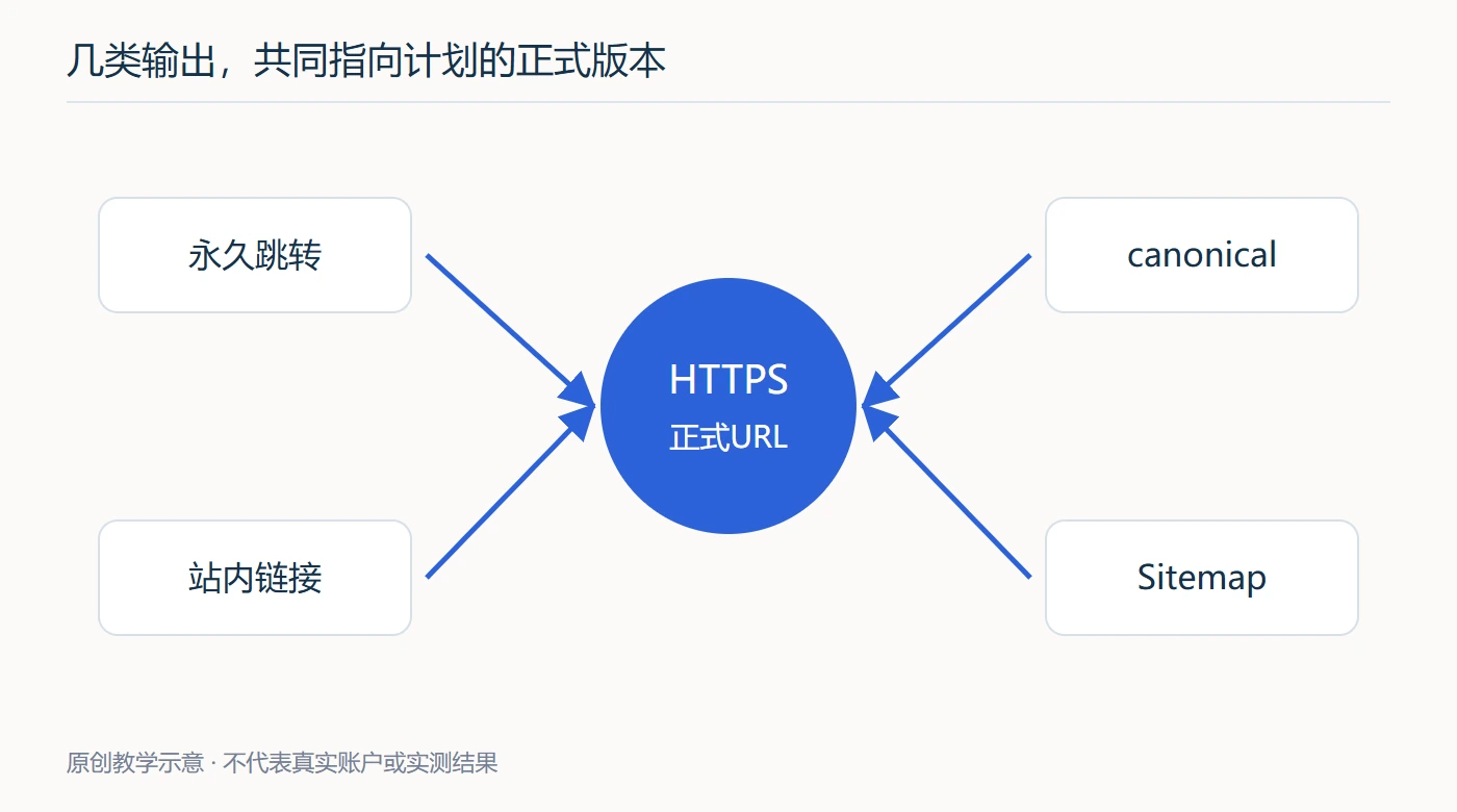 HTTPS迁移需要让跳转、规范声明、内部链接与地图指向同一版本