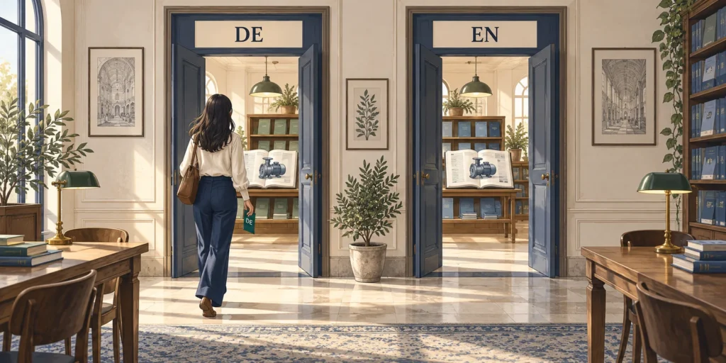 原创概念示意:选择DE的访客直达德语目录,EN入口仍可自愿选择