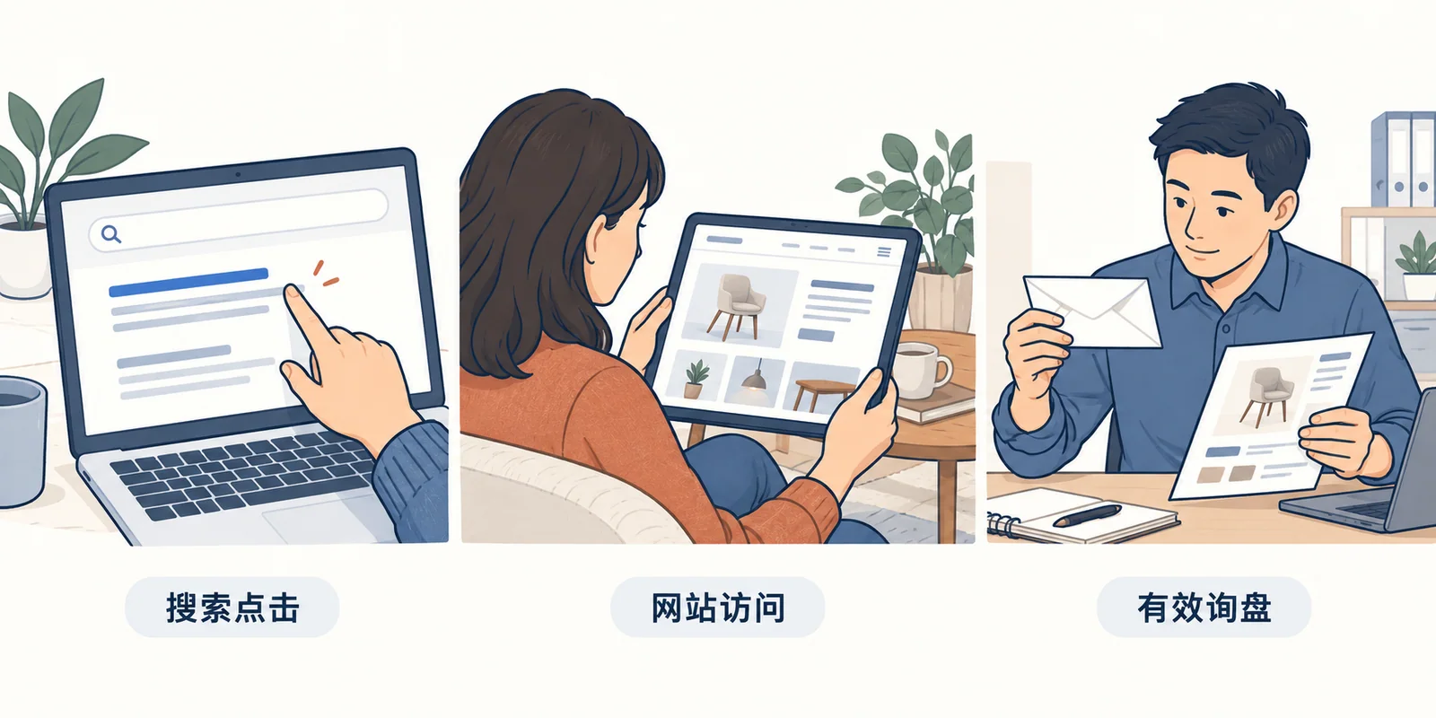 搜索结果点击、访问网页与销售核对需求三个不同场景