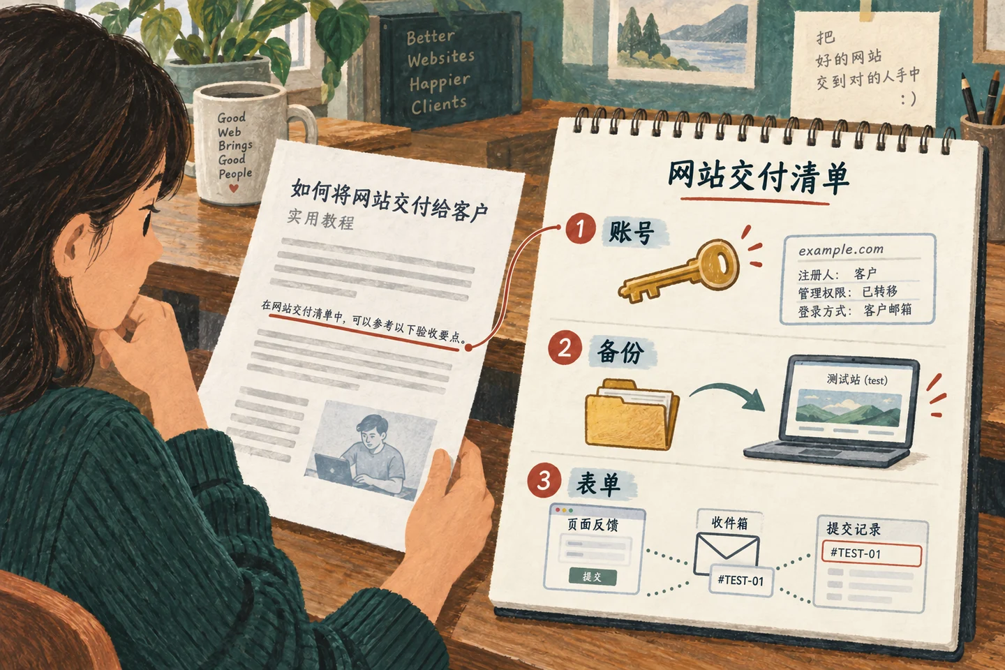网站交付教程引用账号、隔离恢复和同次表单反馈记录收件核对清单的原创教学插画