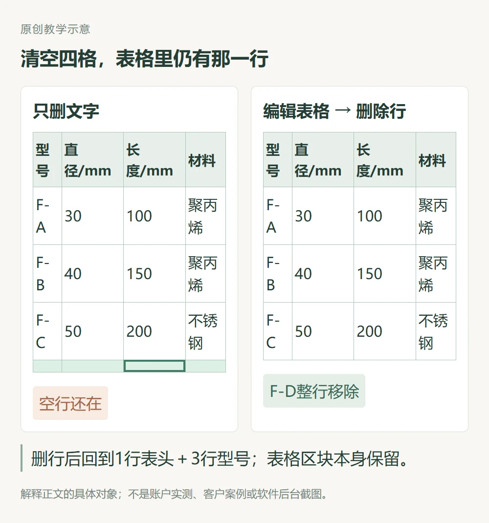 清空F-D四格后空行仍在,使用删除行后剩表头及三个型号的教学对照