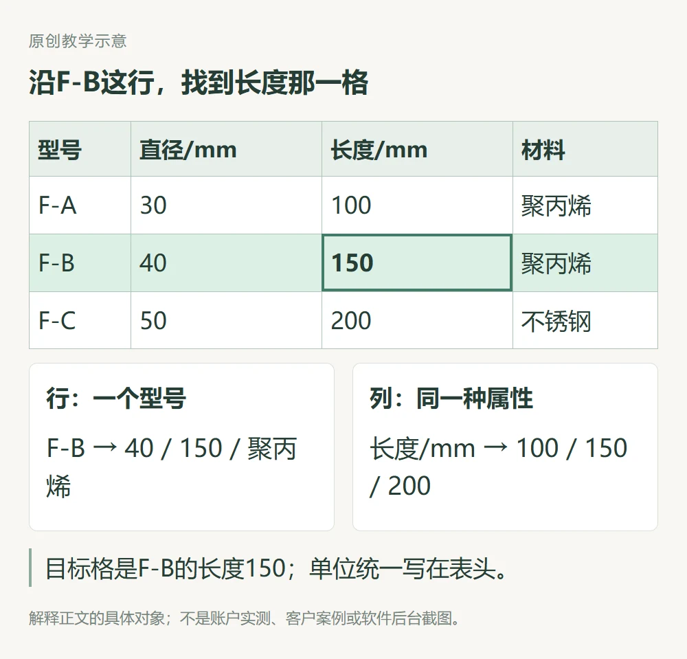 F-B整行高亮且长度150单元格加框,同型号各参数及同属性列对齐的教学表