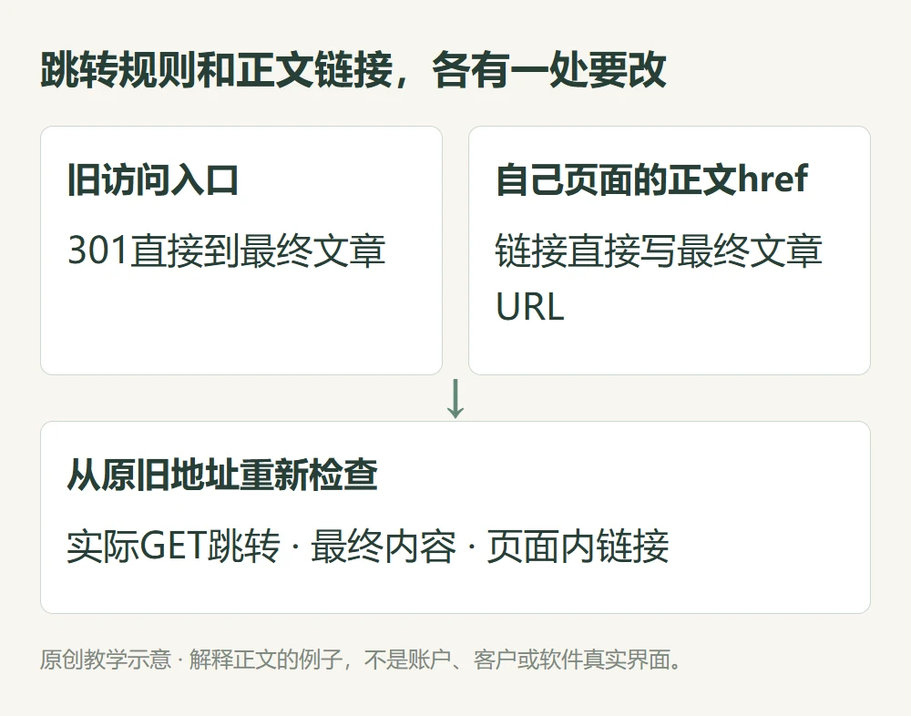 旧访问入口301规则和本站正文href分别直接最终文章再从旧地址验证的教学图