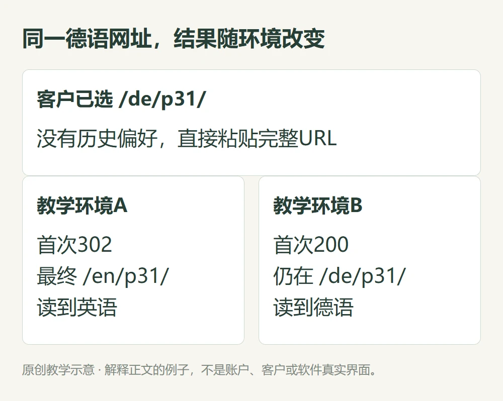同一德语网址,结果随环境改变的原创教学示意