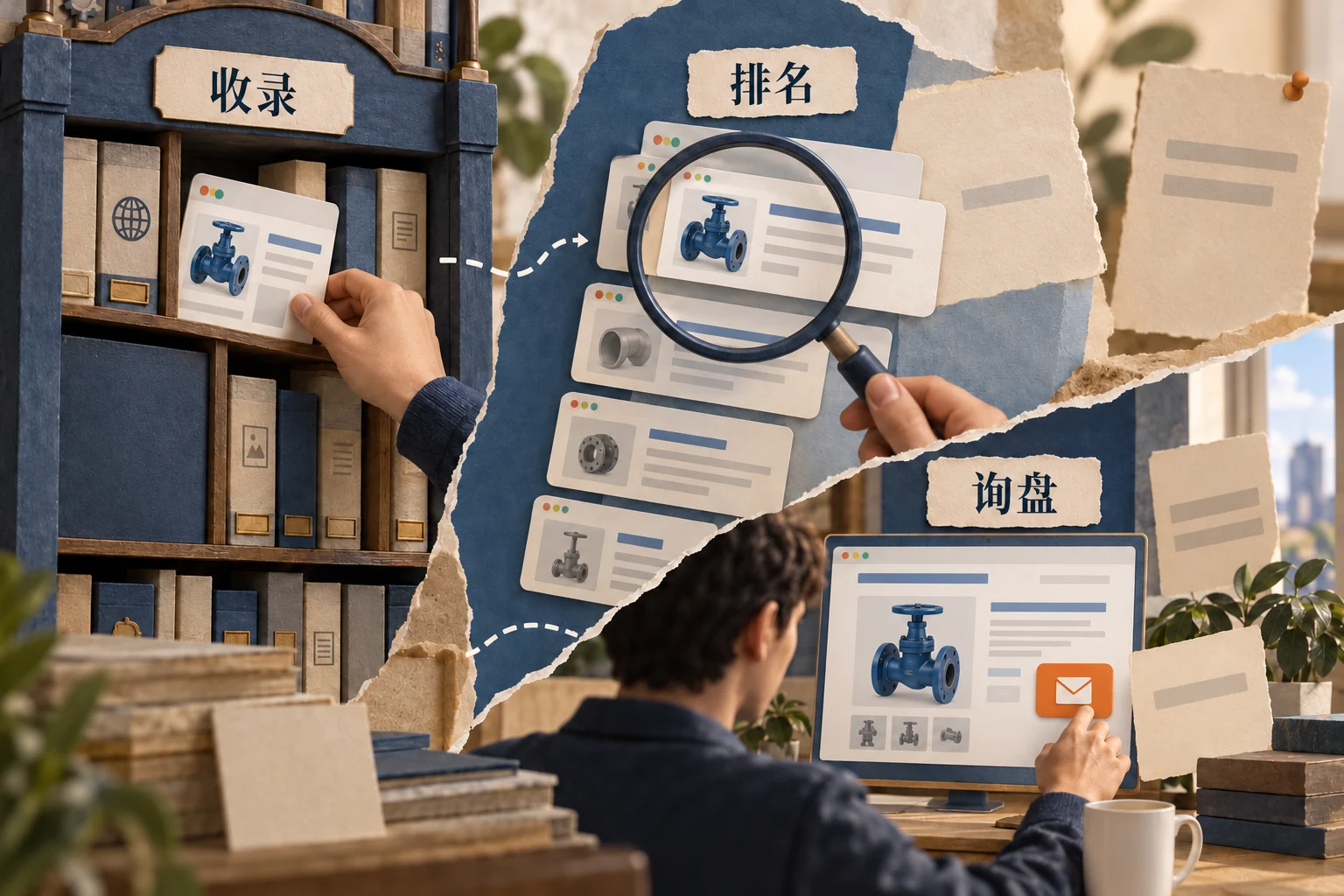 原创示意:页面进入资料架、出现在搜索选择中、访客查看产品并联系是三个不同结果