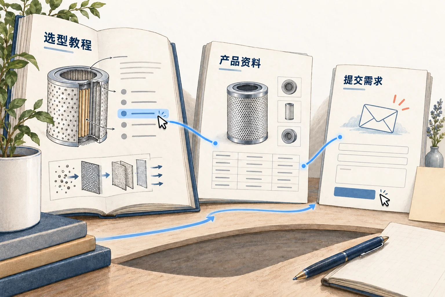 原创示意:选型教程链接到对应产品资料,产品资料再提供询盘入口