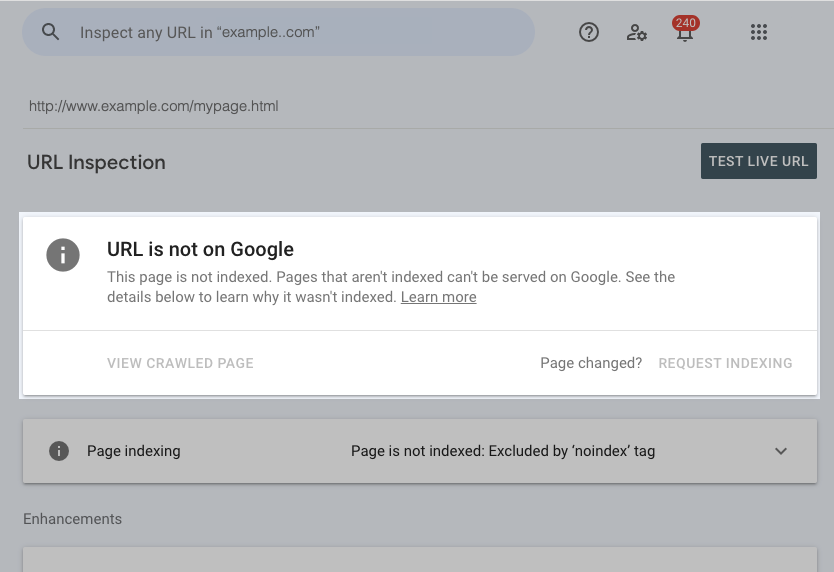 Google官方URL检查示例:页面不在索引中,下方显示被noindex标签排除