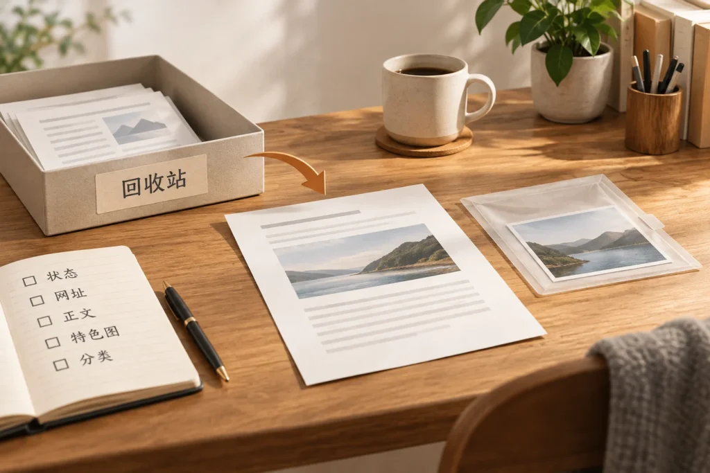 WordPress文章删进回收站后怎么恢复？内容、网址和图片一起查，原创概念插画