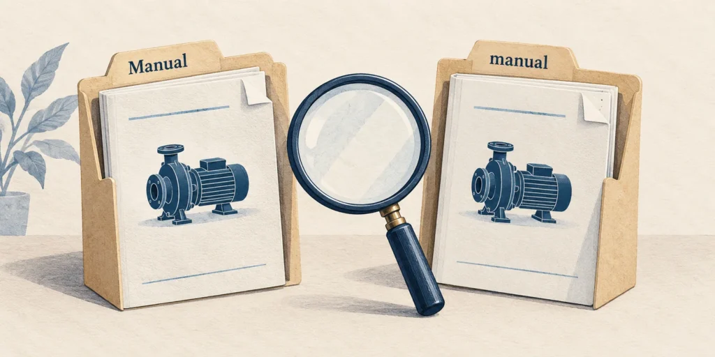 原创示意：Manual与manual两个资料入口先检查内容，再决定是否合并