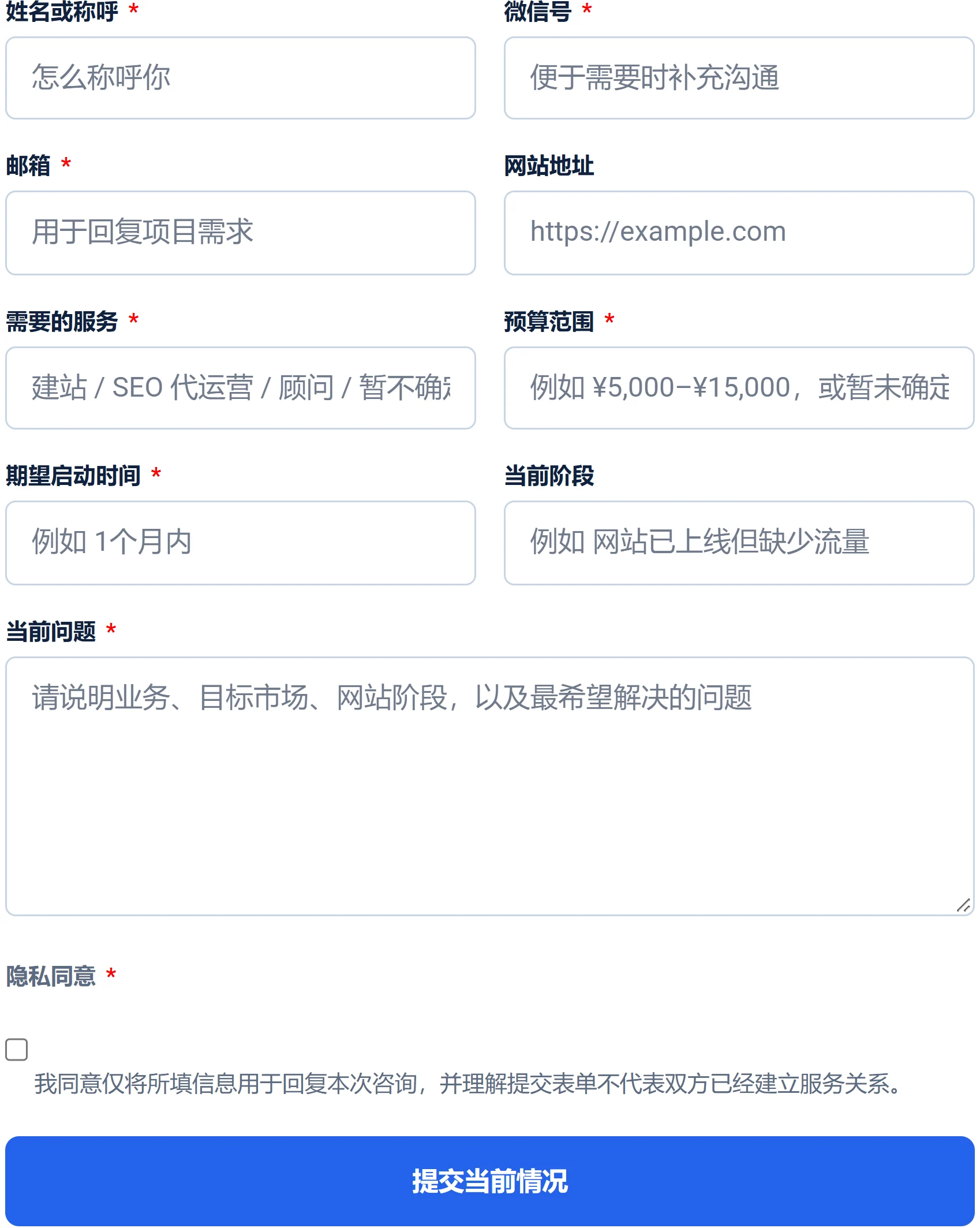 本站公开联系表单的可见标签、输入框与提交入口