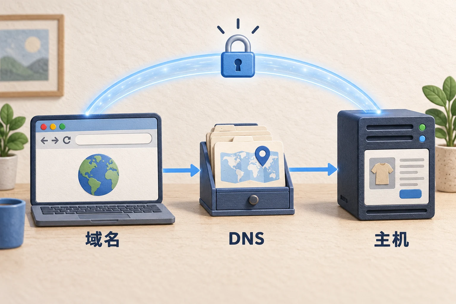原创示意:浏览器域名、DNS定位、网站主机,以及跨浏览器与主机的安全连接