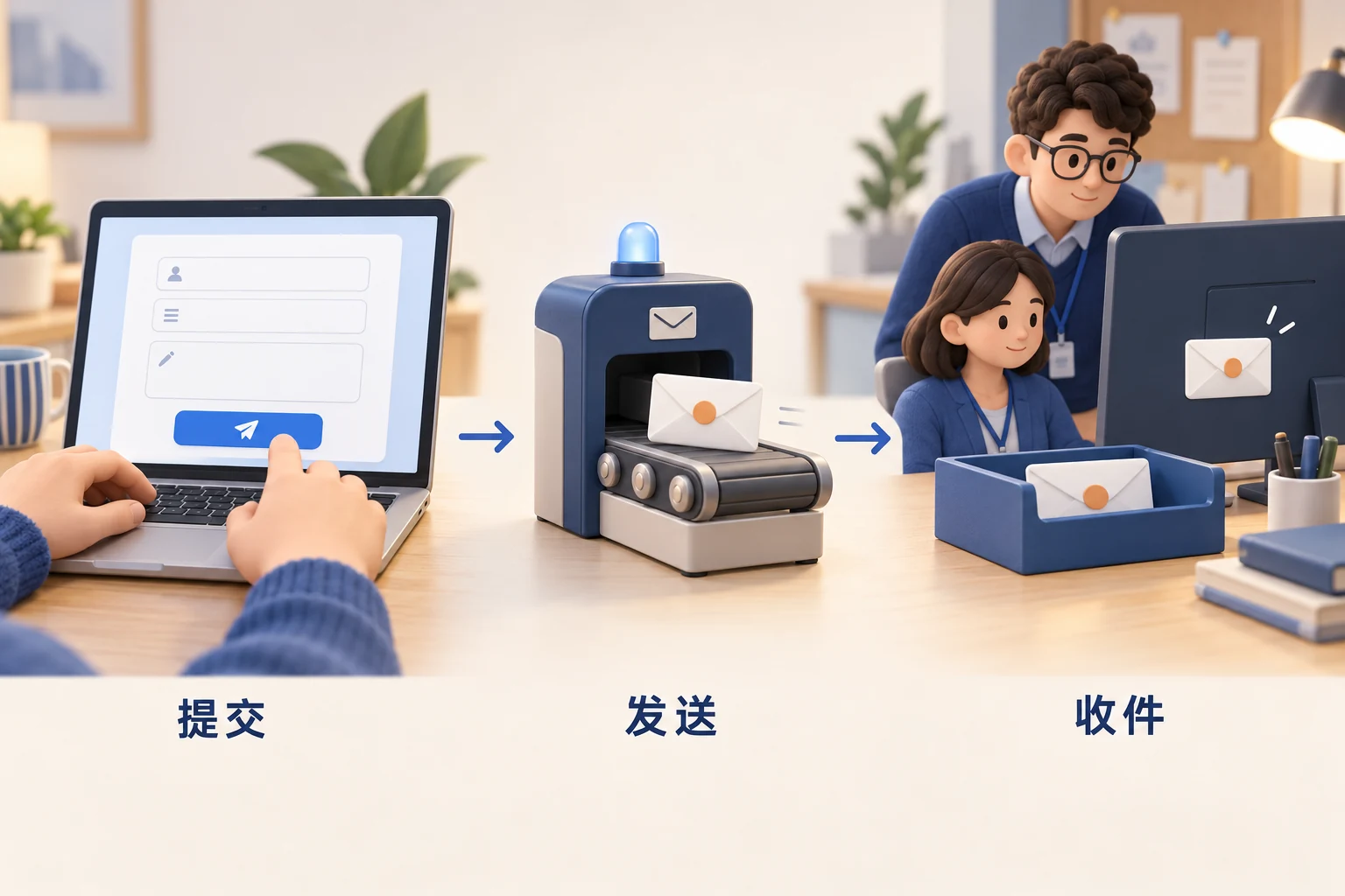 原创示意:客户提交表单、通知经过发送通道、业务员查看邮箱的三个环节