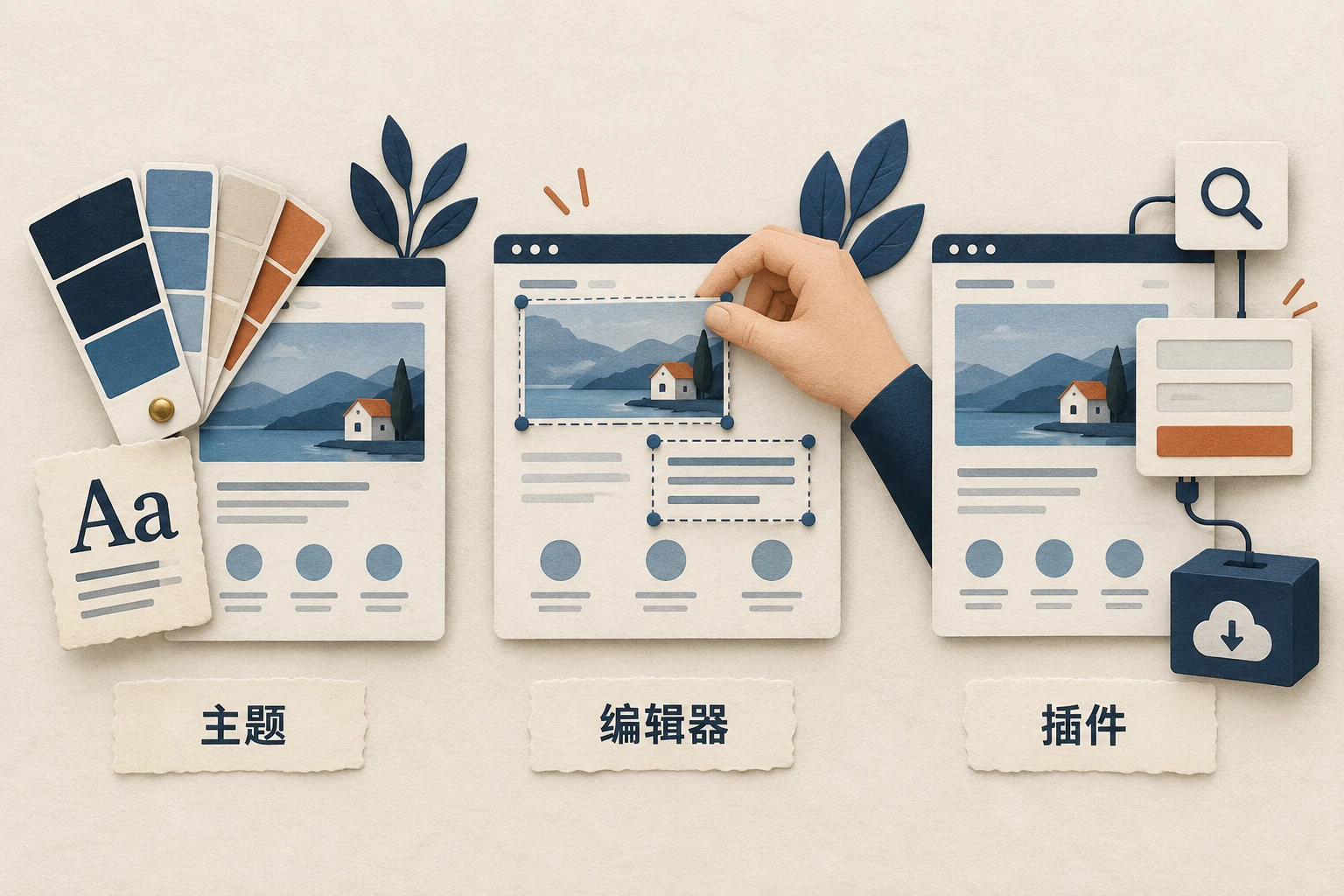 原创示意:同一网站的主题外观、编辑器内容操作和插件功能分别由不同工具负责