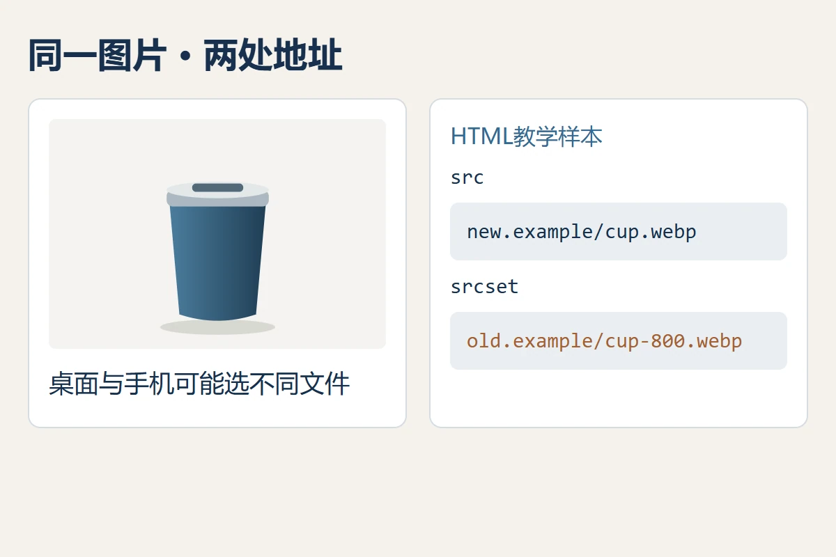 教学图片的src与srcset分别保存新旧域名,浏览器可能选择不同候选
