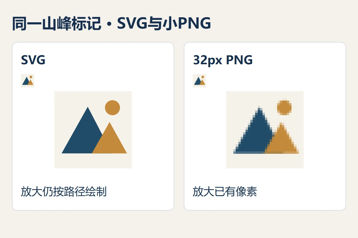同一原创山峰Logo的SVG和小尺寸PNG在正常大小及放大后的边缘比较